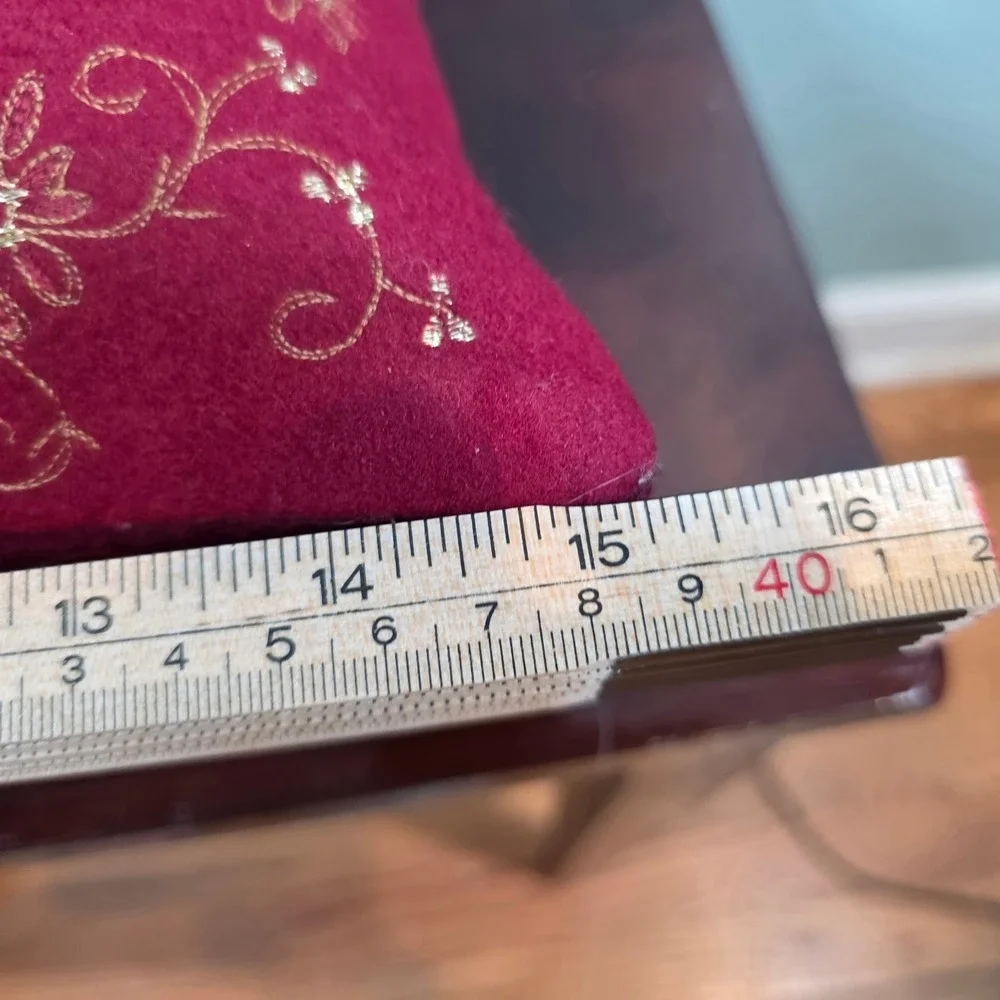 Crate & Barrel Avalon Gold‎ Embroidered Pillow Red Wool 16x16 Zip Feather Insert